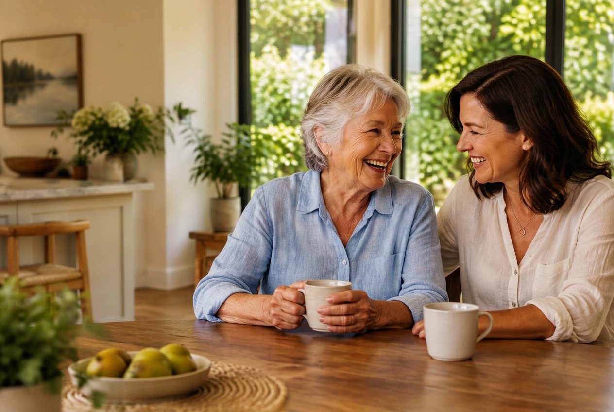 A senior woman and her daughter sharing a happy moment at home